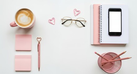 Flat lay of pink office supplies coffee mug sticky notes pen with heart glasses notebooks smartphone and pencils in a holder desk work stationery organization planner technology morning beverage