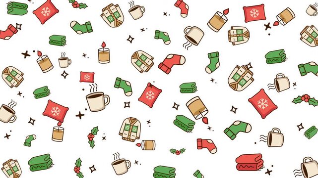 Cozy Winter Christmas Background Animation with Warm Hygge Elements and Looping Flat Motion on White Holiday Backdrop