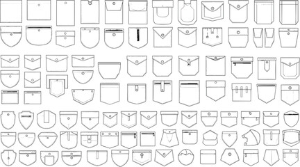 Pocket design collection, fashion sketch vector, garment detail elements, sewing pattern icons, clothing accessory styles, tailoring reference sheet, apparel construction illustration