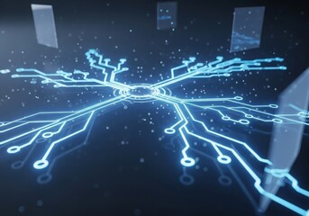 Futuristic blue circuit board glowing with data connections and particles