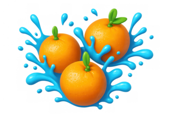 Orange fruits splashing in juicy blue liquid, symbolizing freshness and healthy drinks. 3d rendered graphic element