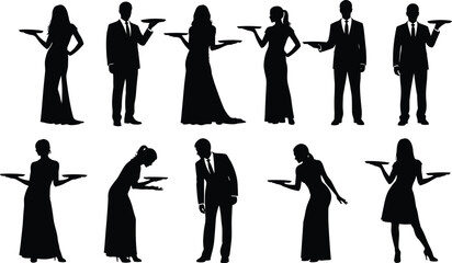 Waiter silhouette set, formal service vector, catering staff illustration, hospitality icon design, black uniform figures, tray holding pose, event service graphic