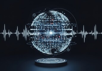 Digital globe with data streams and sound waves on pedestal, futuristic concept.