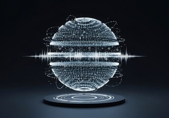 Digital sphere emitting light pulses with waveform data on podium, abstract background