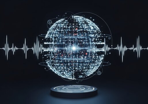 Digital globe with data streams and sound waves on pedestal, futuristic concept.
