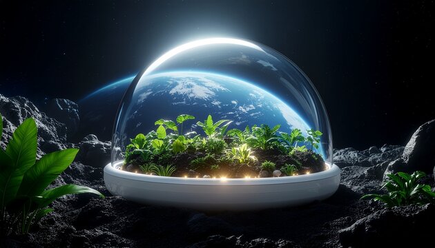 Thriving futuristic garden with lush green plants under glass dome on moon with Earth visible in space, ideal for environmental science concepts