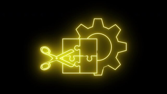 Neon outlines of scissors puzzle pieces and a gear on a black background