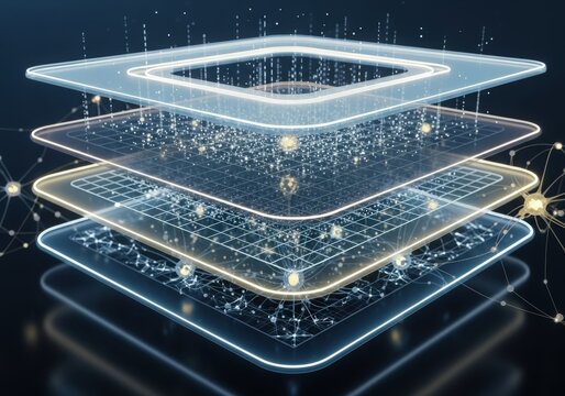 Abstract digital layers with glowing particles and network connections