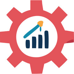 Red Gear Symbol Enclosing A Bar Chart With A Blue Arrow And Orange Pointer Indicating Upward Trend And Data Analysis On Transparent Background
