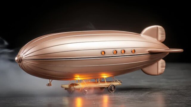 A gleaming, bronze-colored airship with exposed undercarriage rests above a smoky surface
