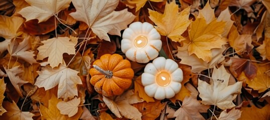 Cozy autumn decor arrangement featuring leaves, pumpkins, and candles in a top down view