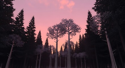 Misty forest landscape with tall trees at dusk viewed from a low angle