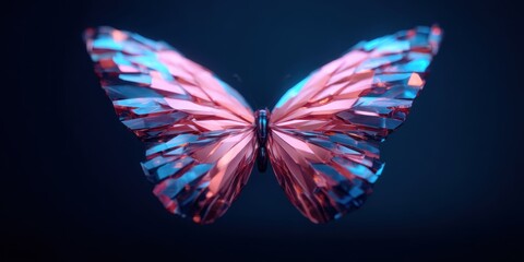 Semi Aesthetic Symmetry concept. Colorful butterfly with a shiny, geometric design on a dark background.