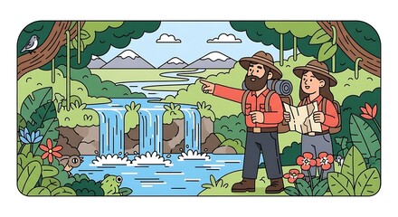 Adventurous couple exploring a lush jungle with a waterfall and mountains.