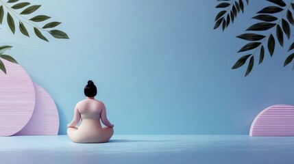 A woman in a lotus pose meditates in a calm, minimalist setting with soft pastel shapes and foliage.