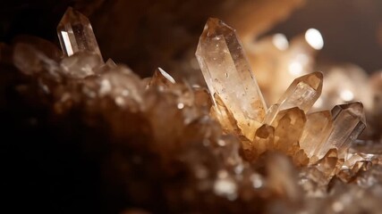 Macro shot of amber crystal cluster; clear quartz prisms rise from rugged mineral matrix, glowing!!! - Powered by Adobe