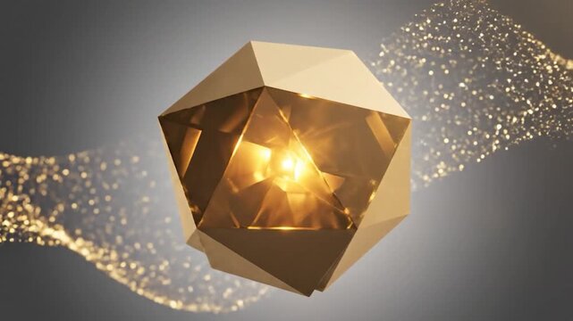 Abstract golden dodecahedron with sparkling particles on a gradient background