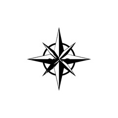 Stylized compass rose with sharp points and a circular outline, isolated on a black background.