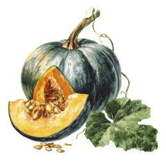 Watercolor illustration of a whole pumpkin, a slice, and a leaf on a black background