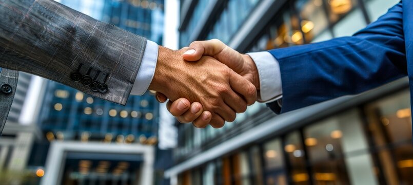 Successful business partnership  professional handshake in front of urban office building