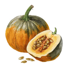 Watercolor illustration of a whole and halved acorn squash with seeds