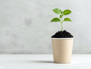 A small, vibrant green seedling with several leaves is planted in a disposable paper cup filled with rich, dark soil.