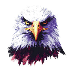 Stylized eagle head with purple and red accents, rendered in a halftone dot pattern