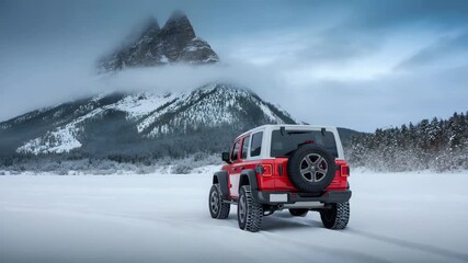 Experience winter adventure with an SUV driving through snowy landscapes near majestic mountains and frosty forest - Powered by Adobe