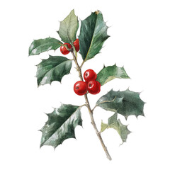 Vintage illustration of a holly branch with red berries and spiky green leaves on a black background