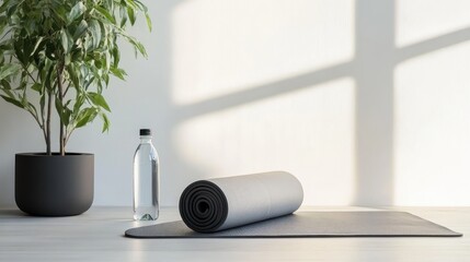 yoga mat rolled up, placed next to a water bottle and a minimalistic towel, high resolution, different design on blurred background