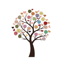 Obraz premium Vibrant Tree with Colorful Leaves and Hearts on White Background.