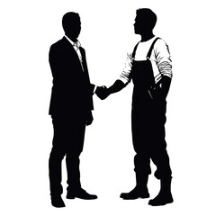 Two men shaking hands, one in a suit and tie, the other in overalls.