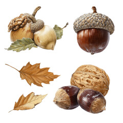 Illustration of acorns, walnuts, and chestnuts with autumn leaves on a black background
