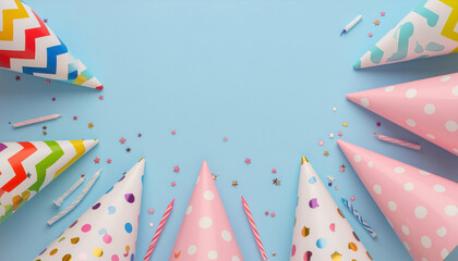 Party hat balloon background holiday celebration scene with pastel cones confetti and candles creating joyful festive mood