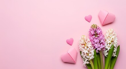 A top down view showcases three vibrant hyacinth flower stalks pink and white blooms alongside pink paper hearts on a soft pink background flowers spring floral nature love romantic celebration
