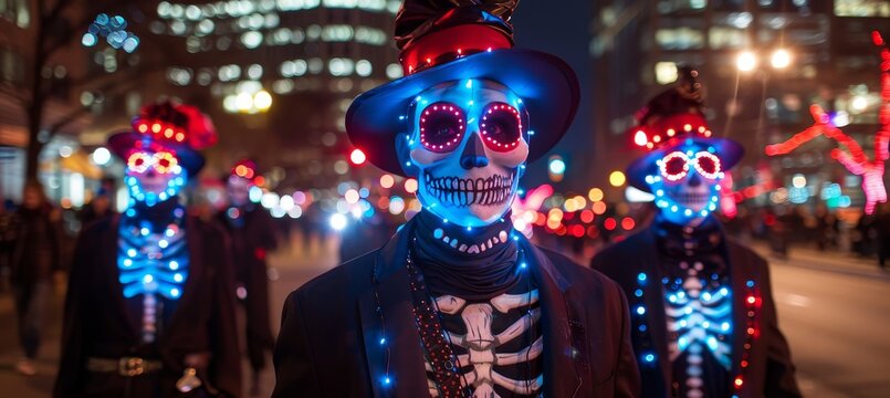 Vibrant halloween night parade  glowing costumes and neon lights on rain slicked streets