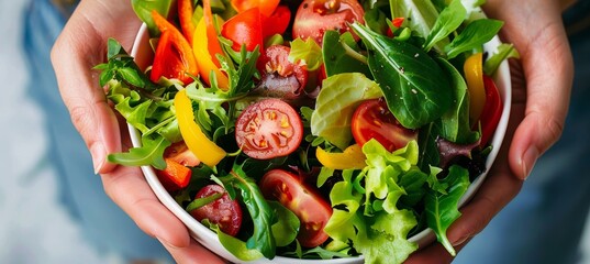 Close up of hands holding a vibrant bowl of fresh salad for a healthy eating lifestyle