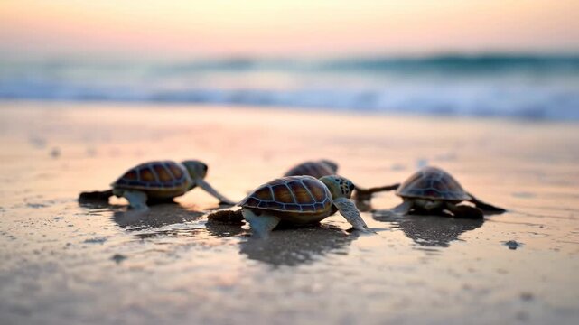 Ocean Sunrise Four Determined Baby Sea Turtle Hatchlings Emerge onto Sandy Beach, Seeking Vast Nature and Survival