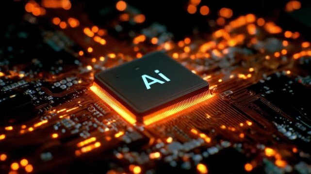 Close-up of a silicon microchip with radiant orange circuits glow around a central processor, vivid