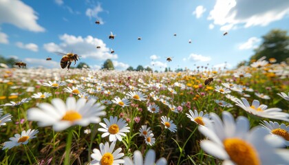 A low-angle shot of bees flying above a vibrant field of daisies under a bright blue sky.