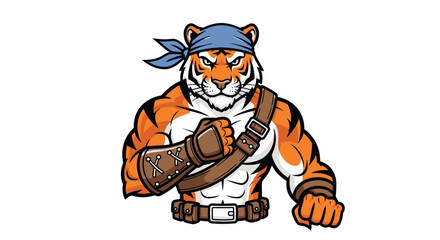 Cartoon tiger character with bandana, leather accessories, and fists clenched, ready for action.
