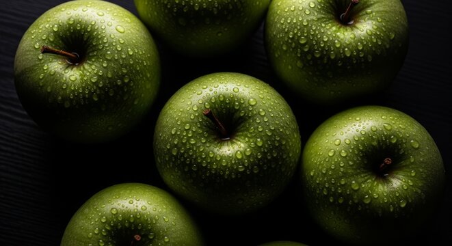 Close-up of fresh green apples with water droplets, highlighting texture and freshness.