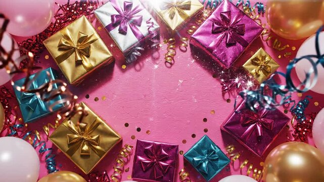 Vibrant birthday party celebration with balloons and gifts on a pink background creating a festive atmosphere for holiday cheer