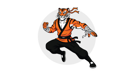 Cartoon tiger character in a martial arts stance, wearing a gi and headband, ready for action.
