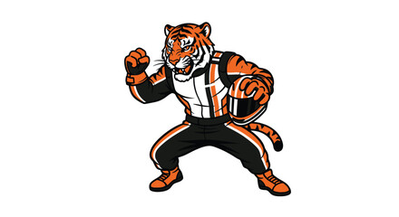 A cartoon tiger mascot in racing attire, holding a helmet, ready to compete.