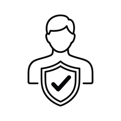 Line icon of person with shield and check mark, isolated on