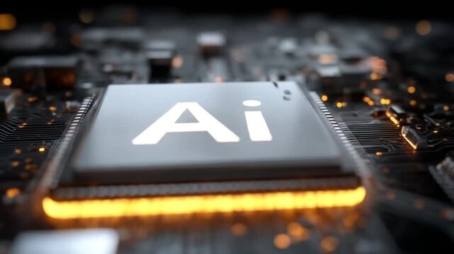 Close-up of a glowing processor chip on a dark circuit board with orange-lit edges, sensing glow...