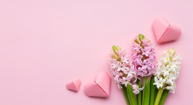 Pink hyacinths and paper hearts arranged on a pastel pink background celebrating spring and romance with soft colors and floral beauty evoking feelings of affection and gentle celebration Flower