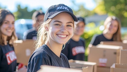 A group of young volunteers smiling and holding cardboard boxes, likely participating in a community service or charity event.