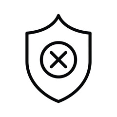 Black line icon of a shield with a cross mark inside, isolated on